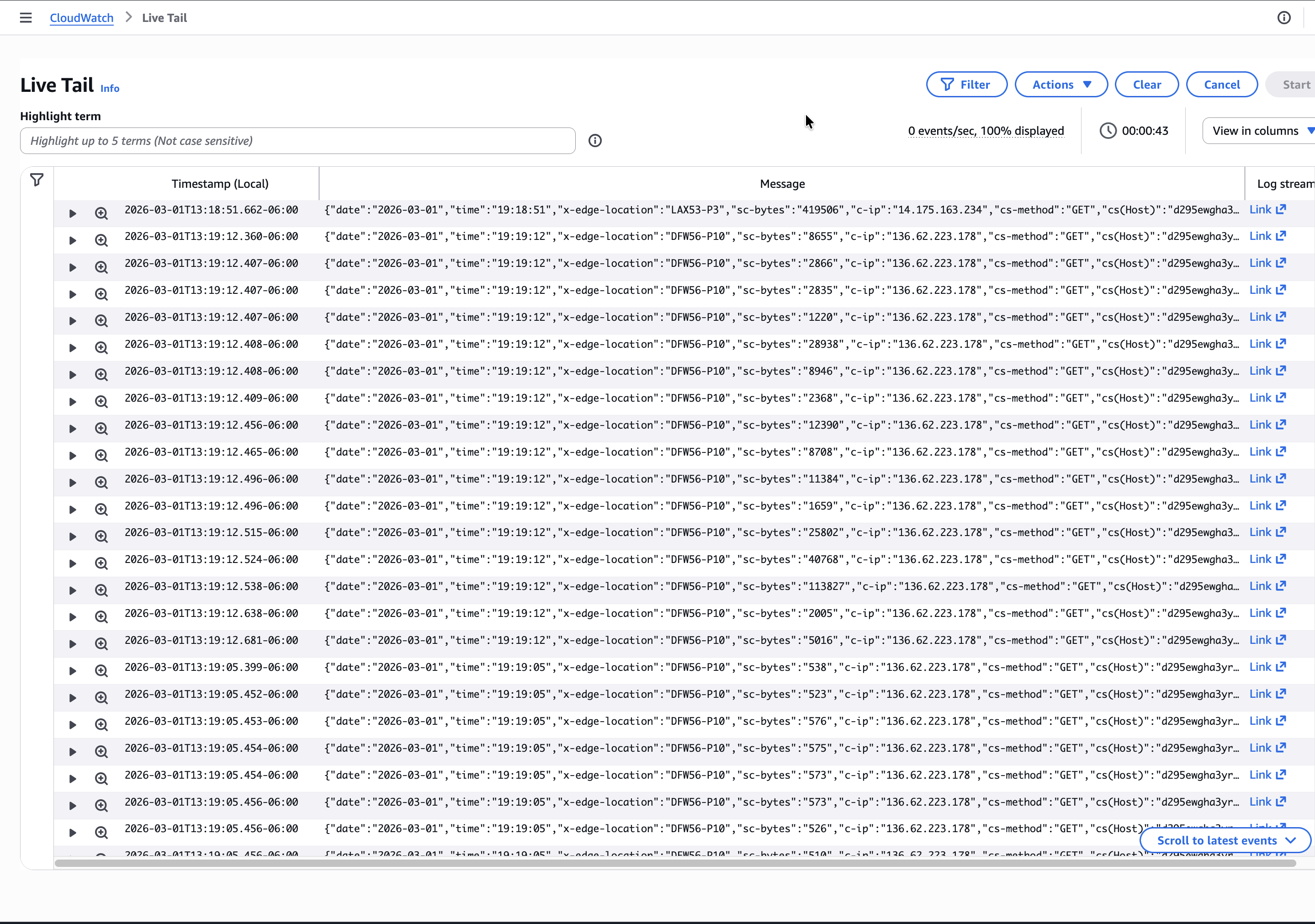 Screenshot of log streaming via Live Tail